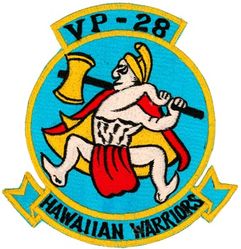 Patrol Squadron 28 (VP-28) 
Established as Bombing Squadron ONE HUNDRED EIGHT (VB-108) on 1 Jul 1943. Redesignated Patrol Bombing Squadron ONE HUNDRED EIGHT (VPB-108) on 1 Oct 1944; Patrol Squadron ONE HUNDRED EIGHT (VP-108) on 15 May 1946; Heavy Patrol Squadron (Landplane) EIGHT (VP-HL-8) on 15 Nov 1946; Patrol Squadron TWENTY EIGHT (VP28) on 1 Sep 1948, the second squadron to be assigned the VP-28 designation. Disestablished on 1 Oct 1969.

Consolidated PB4Y-2 Catalina, 1945
Consolidated PB4Y-2S Catalina, 1949-1951
Consolidated P4Y-2/2S Privateer, 1951-1952
Lockheed P2V-5 Neptune, 1952-1959
Lockheed P2V-5F Neptune, 1959-1962
Lockheed P2V-5FS PAR/MOD Neptune, 1962
Lockheed SP-2H Neptune, 1962-1964
Lockheed P-3A Orion, 1964-1969

Insignia (2nd) “Hawaiian Warriors” approved by CNO on 18 Nov 1954.

