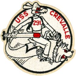 SS-291 USS Crevalle 
USS Crevalle (SS-291)
Class & type: Balao class diesel-electric submarine
Builder: Portsmouth Naval Shipyard, Kittery, Maine 
Laid down: 14 Nov 1942
Launched: 22 Feb 1943 
Commissioned: 24 Jun 1943 
Decommissioned: 29 Jul 1946
Recommissioned: 6 Sep 1951 
Decommissioned: 19 Aug 1955 
Recommissioned: 11 Apr 1957 
Decommissioned: 9 Mar 1962 
Struck: 15 Apr 1968
Fate: Sold for scrap, 17 Mar 1971 

