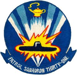 Patrol Squadron 31 (VP-31)
Established as Patrol Squadron THIRTY ONE (VP-31) "Genies" on 30 Jun 1960, the second squadron to be assigned the VP-31 designation. Disestablished on 1 Nov 1993.

Lockheed P-2V-5/SP-2E Neptune, 1960
Lockheed P-2V-7/SP-2H Neptune, 1960
Martin P5M-2/SP-5B Marlin, 1960
Douglas R5D-5/VC-54S Skymaster, 1960-1961
Lockheed R7V-1/C-121J Constellation, 1961
Grumman UF-1/SHU-16B Albatross, 1961
Lockheed P-3A Orion, 1963-1965
Lockheed P-3B Orion, 1965-1970
Lockheed P-3C Orion, 1970-1974
Lockheed P-3F Orion, 1974-1975
Lockheed P-3C UI Orion, 1975-1977
Lockheed P-3C UII.5 Orion, 1983-1985
Lockheed P-3C UIII Orion, 1985-1986
Lockheed TP-3A Orion, 1986-1993

Insignia (1st) “Genies” approved by CNO on 25 July 1962.

