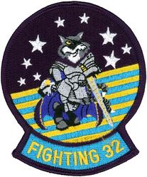 Fighter Squadron 32 (VF-32) F-14 Tomcat
Established as Fighter Bomber Squadron THREE (VBF-3) on 1 Feb 1945. Redesignated Fighter Squadron FOUR A (VF-4A) on 15 Nov 1946; Fighter Squadron THIRTY TWO (VF-32) (2nd) on 7 Aug 1948; Strike Fighter Squadron THIRTY TWO (VFA-32) on 1 Nov 2005-.  

Insignia approved by CNO 20 April 1948. In 1957 the squadron received the F8U Crusader and became the “Supersonic Swordsmen”. The Sword in lions hand began to appear after 1958. The Swordsmen nickname still remains.

Deployments.
28 Jun 1975-27 Jan 1976, CV-67 USS John F. Kennedy, CVW-1, Grumman F-14A Tomcat
2 Sep 1976-9 Nov 1976, CV-67 USS John F. Kennedy, CVW-1, Grumman F-14A Tomcat
15 Jan 1977-1 Aug 1977, CV-67 USS John F. Kennedy, CVW-1, Grumman F-14A Tomcat
7 Nov 1977-13 Dec 1977, CVN-69 USS Dwight D. Eisenhower, CVW-1, Grumman F-14A Tomcat
29 Jun 1978-8 Feb 1979, CV-67 USS John F. Kennedy, CVW-1, Grumman F-14A Tomcat
4 Aug 1980-28 Mar 1981, CV-67 USS John F. Kennedy, CVW-1, Grumman F-14A Tomcat
7 Jun 1982-22 Dec 1982, CV-62 USS Independence, CVW-6, Grumman F-14A Tomcat
18 Oct 1983-11 Apr 1984, CV-62 USS Independence, CVW-6, Grumman F-14A Tomcat
16 Oct 1984-19 Feb 1985, CV-62 USS Independence, CVW-6, Grumman F-14A Tomcat
18 Aug 1986-3 Mar 1987, CV-67 USS John F. Kennedy, CVW-3, Grumman F-14A Tomcat
2 Aug 1988-1 Feb 1989, CV-67 USS John F. Kennedy, CVW-3, Grumman F-14A Tomcat
Nov 1989-Dec 1989, CV-67 USS John F. Kennedy, CVW-3, Grumman F-14A Tomcat
15 Aug 1990-28 Mar 1991, CV-67 USS John F. Kennedy, CVW-3, Grumman F-14A Tomcat
7 Oct 1992-7 Apr 1993, CV-67 USS John F. Kennedy, CVW-3, Grumman F-14A Tomcat
20 Oct 1994-14 Apr 1995, CVN-69 USS Dwight D. Eisenhower, CVW-3, Grumman F-14A Tomcat
25 Nov 1996-22 May 1997, CVN-71 USS Theodore Roosevelt, CVW-3, Grumman F-14A Tomcat
7 Nov 1998-6 May 1999, CVN-65 USS Enterprise, CVW-3, Grumman F-14B Tomcat
28 Nov 2000-23 May 2001, CVN-75 USS Harry S. Truman, CVW-3, Grumman F-14B Tomcat
5 Dec 2002-23 May 2003, CVN-75 USS Harry S. Truman, CVW-3, Grumman F-14B Tomcat
13 Oct 2004-18 Apr 2005, CVN-75 USS Harry S. Truman, CVW-3, Grumman F-14B Tomcat

