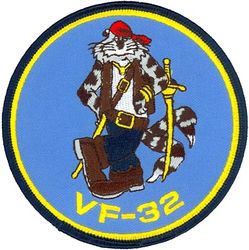 Fighter Squadron 32 (VF-32) F-14 Tomcat
Established as Fighter Bomber Squadron THREE (VBF-3) on 1 Feb 1945. Redesignated Fighter Squadron FOUR A (VF-4A) on 15 Nov 1946; Fighter Squadron THIRTY TWO (VF-32) (2nd) on 7 Aug 1948; Strike Fighter Squadron THIRTY TWO (VFA-32) on 1 Nov 2005-.  

Insignia approved by CNO 20 April 1948. In 1957 the squadron received the F8U Crusader and became the “Supersonic Swordsmen”. The Sword in lions hand began to appear after 1958. The Swordsmen nickname still remains.

Deployments.
28 Jun 1975-27 Jan 1976, CV-67 USS John F. Kennedy, CVW-1, Grumman F-14A Tomcat
2 Sep 1976-9 Nov 1976, CV-67 USS John F. Kennedy, CVW-1, Grumman F-14A Tomcat
15 Jan 1977-1 Aug 1977, CV-67 USS John F. Kennedy, CVW-1, Grumman F-14A Tomcat
7 Nov 1977-13 Dec 1977, CVN-69 USS Dwight D. Eisenhower, CVW-1, Grumman F-14A Tomcat
29 Jun 1978-8 Feb 1979, CV-67 USS John F. Kennedy, CVW-1, Grumman F-14A Tomcat
4 Aug 1980-28 Mar 1981, CV-67 USS John F. Kennedy, CVW-1, Grumman F-14A Tomcat
7 Jun 1982-22 Dec 1982, CV-62 USS Independence, CVW-6, Grumman F-14A Tomcat
18 Oct 1983-11 Apr 1984, CV-62 USS Independence, CVW-6, Grumman F-14A Tomcat
16 Oct 1984-19 Feb 1985, CV-62 USS Independence, CVW-6, Grumman F-14A Tomcat
18 Aug 1986-3 Mar 1987, CV-67 USS John F. Kennedy, CVW-3, Grumman F-14A Tomcat
2 Aug 1988-1 Feb 1989, CV-67 USS John F. Kennedy, CVW-3, Grumman F-14A Tomcat
Nov 1989-Dec 1989, CV-67 USS John F. Kennedy, CVW-3, Grumman F-14A Tomcat
15 Aug 1990-28 Mar 1991, CV-67 USS John F. Kennedy, CVW-3, Grumman F-14A Tomcat
7 Oct 1992-7 Apr 1993, CV-67 USS John F. Kennedy, CVW-3, Grumman F-14A Tomcat
20 Oct 1994-14 Apr 1995, CVN-69 USS Dwight D. Eisenhower, CVW-3, Grumman F-14A Tomcat
25 Nov 1996-22 May 1997, CVN-71 USS Theodore Roosevelt, CVW-3, Grumman F-14A Tomcat
7 Nov 1998-6 May 1999, CVN-65 USS Enterprise, CVW-3, Grumman F-14B Tomcat
28 Nov 2000-23 May 2001, CVN-75 USS Harry S. Truman, CVW-3, Grumman F-14B Tomcat
5 Dec 2002-23 May 2003, CVN-75 USS Harry S. Truman, CVW-3, Grumman F-14B Tomcat
13 Oct 2004-18 Apr 2005, CVN-75 USS Harry S. Truman, CVW-3, Grumman F-14B Tomcat

