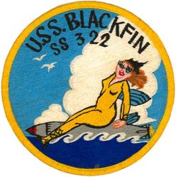 SS-322 USS Blackfin
Class and type: Balao-class diesel-electric submarine
Builder: Electric Boat Company, Groton, CT
Laid down: 10 Jun 1943
Launched: 12 Mar 1944
Commissioned: 4 Jul 1944
Decommissioned: 19 Nov 1948
Recommissioned: 15 May 1951
Decommissioned: 15 Sep 1972
Struck: 15 Sep 1972
Fate: Sunk as target off San Diego, CA, 13 May 1973
Displacement:	
1,526 long tons (1,550 t) surfaced
2,424 tons (2,463 t) submerged
Length. 	311 ft 9 in (95.02 m)
Beam. 27 ft 3 in (8.31 m)
Draft. 16 ft 10 in (5.13 m) maximum
Propulsion:	
4 × General Motors Model 16-278A V16 diesel engines driving electrical generators
2 × 126-cell Sargo batteries
4 × high-speed General Electric electric motors with reduction gears
2 × propellers
5,400 shp (4.0 MW) surfaced
2,740 shp (2.0 MW) submerged
Speed:	
20.25 knots (38 km/h) surfaced
8.75 knots (16 km/h) submerged
Range. 11,000 nautical miles (20,000 km) surfaced at 10 knots (19 km/h)
Endurance:	
48 hours at 2 knots (3.7 km/h) submerged
75 days on patrol
Test depth. 400 ft (120 m)
Complement. 10 officers, 70–71 enlisted
Armament:	
10 × 21-inch (533 mm) torpedo tubes
6 forward, 4 aft
24 torpedoes
1 × 5-inch (127 mm) / 25 caliber deck gun
Bofors 40 mm and Oerlikon 20 mm cannon
General characteristics (Guppy IA)
Displacement:	
1,830 tons (1,859 t) surfaced
2,440 tons (2,479 t) submerged
Length. 307 ft 7 in (93.75 m)
Beam. 27 ft 4 in (8.33 m)
Draft. 17 ft (5.2 m)
Propulsion:	
Snorkel added
Batteries upgraded to Sargo II
Speed:	
Surfaced:
17.3 knots (32.0 km/h) maximum
12.5 knots (23.2 km/h) cruising
Submerged:
15.0 knots (27.8 km/h) for ½ hour
7.5 knots (13.9 km/h) snorkeling
3.0 knots (5.6 km/h) cruising
Range. 17,000 nmi (31,000 km) surfaced at 11 knots (20 km/h)
Endurance. 36 hours at 3 knots (6 km/h) submerged
Complement:	
10 officers
5 petty officers
64–69 enlisted men
Armament:	
10 × 21 inch (533 mm) torpedo tubes  (six forward, four aft)
all guns removed

