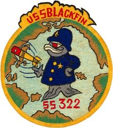 SS-322 USS Blackfin
Class and type: Balao-class diesel-electric submarine
Builder: Electric Boat Company, Groton, CT
Laid down: 10 Jun 1943
Launched: 12 Mar 1944
Commissioned: 4 Jul 1944
Decommissioned: 19 Nov 1948
Recommissioned: 15 May 1951
Decommissioned: 15 Sep 1972
Struck: 15 Sep 1972
Fate: Sunk as target off San Diego, CA, 13 May 1973
Displacement:	
1,526 long tons (1,550 t) surfaced
2,424 tons (2,463 t) submerged
Length. 	311 ft 9 in (95.02 m)
Beam. 27 ft 3 in (8.31 m)
Draft. 16 ft 10 in (5.13 m) maximum
Propulsion:	
4 × General Motors Model 16-278A V16 diesel engines driving electrical generators
2 × 126-cell Sargo batteries
4 × high-speed General Electric electric motors with reduction gears
2 × propellers
5,400 shp (4.0 MW) surfaced
2,740 shp (2.0 MW) submerged
Speed:	
20.25 knots (38 km/h) surfaced
8.75 knots (16 km/h) submerged
Range. 11,000 nautical miles (20,000 km) surfaced at 10 knots (19 km/h)
Endurance:	
48 hours at 2 knots (3.7 km/h) submerged
75 days on patrol
Test depth. 400 ft (120 m)
Complement. 10 officers, 70–71 enlisted
Armament:	
10 × 21-inch (533 mm) torpedo tubes
6 forward, 4 aft
24 torpedoes
1 × 5-inch (127 mm) / 25 caliber deck gun
Bofors 40 mm and Oerlikon 20 mm cannon
General characteristics (Guppy IA)
Displacement:	
1,830 tons (1,859 t) surfaced
2,440 tons (2,479 t) submerged
Length. 307 ft 7 in (93.75 m)
Beam. 27 ft 4 in (8.33 m)
Draft. 17 ft (5.2 m)
Propulsion:	
Snorkel added
Batteries upgraded to Sargo II
Speed:	
Surfaced:
17.3 knots (32.0 km/h) maximum
12.5 knots (23.2 km/h) cruising
Submerged:
15.0 knots (27.8 km/h) for ½ hour
7.5 knots (13.9 km/h) snorkeling
3.0 knots (5.6 km/h) cruising
Range. 17,000 nmi (31,000 km) surfaced at 11 knots (20 km/h)
Endurance. 36 hours at 3 knots (6 km/h) submerged
Complement:	
10 officers
5 petty officers
64–69 enlisted men
Armament:	
10 × 21 inch (533 mm) torpedo tubes  (six forward, four aft)
all guns removed

