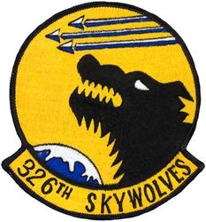 326th Fighter-Interceptor Squadron
Constituted 326th Fighter Squadron on 24 Jun 1942. Activated on 10 Jul 1942. Disbanded on 31 Mar 1944. Reconstituted, and redesignated 326th Fighter Interceptor Squadron on 23 Mar 1953. Activated on 18 Dec 1953. Inactivated on 2 Jan 1967.

Emblem. Approved 5 Sep 1961.
