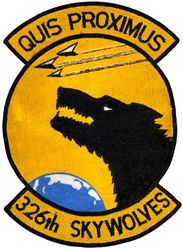 326th Fighter-Interceptor Squadron William Tell Competition 1965
Constituted 326th Fighter Squadron on 24 Jun 1942. Activated on 10 Jul 1942. Disbanded on 31 Mar 1944. Reconstituted, and redesignated 326th Fighter Interceptor Squadron on 23 Mar 1953. Activated on 18 Dec 1953. Inactivated on 2 Jan 1967.

Emblem. Approved 5 Sep 1961.

Placed third at William Tell 1965.

