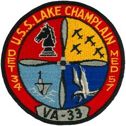 Attack Squadron (All Weather) 33 (VA(AW)-33) Detachment 34 Mediterranean Cruise 1957
Established as Composite Squadron THIRTY THREE (VC-33) on 13 May 1949. Redesignated All Weather Attack Squadron THIRTY THREE (VA(AW)-33) on 2 Jul 1956; Carrier Airborne Early Warning Squadron THIRT THREE (VAW-33) on 30 Jul 1959; Redesignated Tactical Electronic Warfare THIRTY THREE (VAQ-33) on 1 Feb 1968. Disestablished on 1 Oct 1993.

21 Jan 1957-27 Jul 1957, USS Lake Champlain (CVA-39), ATG-182, Douglas AD-5N Skyraider


