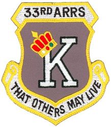 33d Aerospace Rescue and Recovery Squadron 
Constituted as 33 Air Rescue Squadron on 17 Oct 1952. Activated on 14 Nov 1952. Discontinued on 18 Mar 1960. Organized on 18 Jun 1961. Redesignated as: 33 Air Recovery Squadron on 1 Jul 1965; 33 Aerospace Rescue and Recovery Squadron on 8 Jan 1966. Inactivated on 1 Oct 1970. Activated on 1 Jul 1971. Redesignated as: 33 Air Rescue Squadron on 1 Jun 1989; 33 Rescue Squadron on 1 Feb 1993-.
