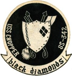 SS-342 USS Chopper
Name: USS Chopper (SS/AGSS/IXSS-342)
Namesake. Chopper, a common name for Pomatomus saltatrix, an aggressive game fish.
Builder: Electric Boat Company, Groton, CT
Laid down: 2 Mar 1944
Launched: 4 Feb 1945
Commissioned: 25 May 1945
Decommissioned: 27 Aug 1969
Struck: 1 Oct 1971
Fate: Sunk off Cape Hatteras, 21 Jul 1976, while being rigged as a tethered underwater target
Class and type: Balao-class diesel-electric submarine
Displacement.	
1,529 long tons (1,554 t) surfaced
2,424 long tons (2,463 t) submerged
Length. 311 ft 9 in (95.02 m)
Beam. 27 ft 3 in (8.31 m)
Draft. 16 ft 10 in (5.13 m) maximum
Propulsion.	
4 × General Motors Model 16-278A V16 diesel engines driving electrical generators
2 × 126-cell Sargo batteries
4 × high-speed General Electric electric motors with reduction gears
2 × propellers
5,400 shp (4.0 MW) surfaced
2,740 shp (2.0 MW) submerged
Speed. 20.25 kn (23.30 mph; 37.50 km/h) surfaced, 8.75 kn (10.07 mph; 16.21 km/h) submerged
Range. 11,000 nmi (13,000 mi; 20,000 km) surfaced at 10 kn (12 mph; 19 km/h)
Endurance. 48 hours at 2 kn (2.3 mph; 3.7 km/h) submerged, 75 days on patrol
Test depth. 400 ft (120 m)[3]
Complement. 10 officers, 70–71 enlisted
Armament.	
10 × 21-inch (533 mm) torpedo tubes, 6 forward, 4 aft
24 torpedoes
1 × 5-inch (127 mm) / 25 caliber deck gun
Bofors 40 mm and Oerlikon 20 mm cannon

General characteristics (Guppy IA)
Displacement.	
1,830 long tons (1,860 t) surfaced
2,440 long tons (2,480 t) submerged
Length. 307 ft 7 in (93.75 m)
Beam. 27 ft 4 in (8.33 m)
Draft. 17 ft (5.2 m)
Propulsion. 
Batteries upgraded to Sargo II
Speed. Surfaced: 17.3 kn (19.9 mph; 32.0 km/h) maximum, 12.5 kn (14.4 mph; 23.2 km/h) cruising
Submerged: 15.0 kn (17.3 mph; 27.8 km/h) for ½ hour, 7.5 kn (8.6 mph; 13.9 km/h) snorkeling, 3.0 kn (3.5 mph; 5.6 km/h) cruising
Range	17,000 nmi (20,000 mi; 31,000 km) surfaced at 11 kn (13 mph; 20 km/h)
Endurance. 36 hours at 3 kn (3.5 mph; 5.6 km/h) submerged
Complement. 10 officers, 5 petty officers, 64–69 enlisted men
Armament.	
10 × 21 inch (533 mm) torpedo tubes (six forward, four aft)
all guns removed
Snorkel added

