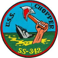 SS-342 USS Chopper
Name: USS Chopper (SS/AGSS/IXSS-342)
Namesake. Chopper, a common name for Pomatomus saltatrix, an aggressive game fish.
Builder: Electric Boat Company, Groton, CT
Laid down: 2 Mar 1944
Launched: 4 Feb 1945
Commissioned: 25 May 1945
Decommissioned: 27 Aug 1969
Struck: 1 Oct 1971
Fate: Sunk off Cape Hatteras, 21 Jul 1976, while being rigged as a tethered underwater target
Class and type: Balao-class diesel-electric submarine
Displacement.	
1,529 long tons (1,554 t) surfaced
2,424 long tons (2,463 t) submerged
Length. 311 ft 9 in (95.02 m)
Beam. 27 ft 3 in (8.31 m)
Draft. 16 ft 10 in (5.13 m) maximum
Propulsion.	
4 × General Motors Model 16-278A V16 diesel engines driving electrical generators
2 × 126-cell Sargo batteries
4 × high-speed General Electric electric motors with reduction gears
2 × propellers
5,400 shp (4.0 MW) surfaced
2,740 shp (2.0 MW) submerged
Speed. 20.25 kn (23.30 mph; 37.50 km/h) surfaced, 8.75 kn (10.07 mph; 16.21 km/h) submerged
Range. 11,000 nmi (13,000 mi; 20,000 km) surfaced at 10 kn (12 mph; 19 km/h)
Endurance. 48 hours at 2 kn (2.3 mph; 3.7 km/h) submerged, 75 days on patrol
Test depth. 400 ft (120 m)[3]
Complement. 10 officers, 70–71 enlisted
Armament.	
10 × 21-inch (533 mm) torpedo tubes, 6 forward, 4 aft
24 torpedoes
1 × 5-inch (127 mm) / 25 caliber deck gun
Bofors 40 mm and Oerlikon 20 mm cannon

General characteristics (Guppy IA)
Displacement.	
1,830 long tons (1,860 t) surfaced
2,440 long tons (2,480 t) submerged
Length. 307 ft 7 in (93.75 m)
Beam. 27 ft 4 in (8.33 m)
Draft. 17 ft (5.2 m)
Propulsion. 
Batteries upgraded to Sargo II
Speed. Surfaced: 17.3 kn (19.9 mph; 32.0 km/h) maximum, 12.5 kn (14.4 mph; 23.2 km/h) cruising
Submerged: 15.0 kn (17.3 mph; 27.8 km/h) for ½ hour, 7.5 kn (8.6 mph; 13.9 km/h) snorkeling, 3.0 kn (3.5 mph; 5.6 km/h) cruising
Range	17,000 nmi (20,000 mi; 31,000 km) surfaced at 11 kn (13 mph; 20 km/h)
Endurance. 36 hours at 3 kn (3.5 mph; 5.6 km/h) submerged
Complement. 10 officers, 5 petty officers, 64–69 enlisted men
Armament.	
10 × 21 inch (533 mm) torpedo tubes (six forward, four aft)
all guns removed
Snorkel added

