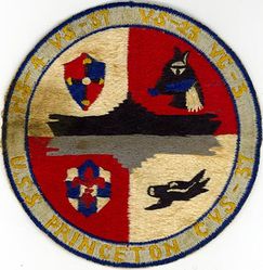 CVS-37 USS Princeton WESTERN PACIFIC CRUISE 1954-1955
Namesake. Battle of Princeton, a battle of the American Revolutionary War, fought near Princeton, NJ on 3 Jan 1777, and ending in a small victory for the Colonials.
Builder. Philadelphia Naval Shipyard, PA
Laid down. 14 Sep 1943
Launched. 8 Jul 1945
Commissioned. 18 Nov 1945
Decommissioned. 21 Jun 1949
Recommissioned. 28 Aug 1950
Decommissioned. 30 Jan 1970
Reclassified:	
CVA-37, 1 Oct 1952
CVS-37, 1 Jan 1954
LPH-5, 2 Mar 1959
Stricken. 30 Jan 1970
Fate. Scrapped, 1971
Class and type. Essex-class aircraft carrier
Displacement. 27,100 long tons (27,500 t) standard
Length. 888 feet (271 m) overall
Beam. 93 feet (28 m)
Draft. 28 feet 7 inches (8.71 m)
Installed power. 8 × boilers 150,000 shp (110 MW)
Propulsion:	
4 × geared steam turbines
4 × shafts
Speed. 33 knots (61 km/h; 38 mph)
Complement. 3448 officers and enlisted
Armament:	
12 × 5 inch (127 mm)/38 caliber guns
32 × Bofors 40 mm guns
46 × Oerlikon 20 mm cannons
Armor:	
Belt: 4 in (102 mm)
Hangar deck: 2.5 in (64 mm)
Deck: 1.5 in (38 mm)
Conning tower: 1.5 inch
Aircraft carried. 	90-100 aircraft

Antisubmarine/ Hunter-Killer (HUK) training operations, 2 Nov 1954-31 May 1955.

Squadrons: Air Anti-Submarine Squadron TWENTY THREE (VS-23) (S2F-1), Air Anti-Submarine Squadron THIRTY SEVEN (VS-37) (AF-2S/2W), Composite Squadron THREE Detachment N (VC-3 Det-N) & Helicopter Squadron FOUR Detachment N (HS-4 Det-N) (HO4S-3S).


