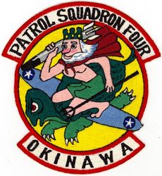 Patrol Squadron 4 (VP-4) 
Established as Bombing Squadron ONE HUNDRED FORTY FOUR (VB-144) on 1 Jul 1943. Redesignated Patrol Bombing Squadron ONE HUNDRED FORTY FOUR (VPB-144) on 1 Oct 1944; Patrol Squadron ONE HUNDRED FORTY FOUR (VP-144) on 15 May 1946; Medium Patrol Squadron (Landplane) ONE HUNDRED FORTY FOUR (VP-ML-4) on 15 Nov 1946; Patrol Squadron FOUR (VP-4) on 1 Sep 1948, the second squadron to be assigned the VP-4 designation.

Lockheed P2V-2/5/5F/7/SP-2H Neptune, 1948-1965

Insignia (2nd) “King Neptune” approved by CNO on 29 Nov 1948.
