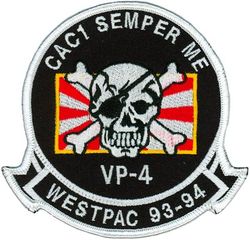 Patrol Squadron 4 (VP-4) Combat Air Crew 1 Western Pacific 1993-1994
Established as Bombing Squadron ONE HUNDRED FORTY FOUR (VB-144) on 1 July 1943. Redesignated Patrol Bombing Squadron ONE HUNDRED FORTY FOUR (VPB-144) on 1 October 1944. Redesignated Patrol Squadron ONE HUNDRED FORTY FOUR (VP-144) on 15 May 1946. Redesignated Medium Patrol Squadron (Landplane) ONE HUNDRED FORTY FOUR (VP-ML-4) on 15 November 1946. Redesignated Patrol Squadron FOUR (VP-4) on 1 September 1948, the second squadron to be assigned the VP-4 designation.

Lockheed P-3C UIIIR Orion, 1992-.

The Skinny Dragon design was altered slightly in honor of the squadron’s 50th anniversary in 1993. Approved by CNO on 25 Mar 1993.

