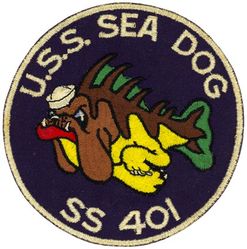 SS-401 USS Sea Dog
Namesake. The Dogfish, a small shark of the North Atlantic
Builder: Portsmouth Naval Shipyard, Kittery, ME
Laid down. 1 Nov 1943
Launched. 28 Mar 1944
Commissioned. 3 Jun 1944
Decommissioned. 27 Jun 1956
Stricken. 2 Dec 1968
Fate. Sold for scrap, 18 May 1973
Class and type. Balao class diesel-electric submarine
Displacement:	
1,526 long tons (1,550 t) surfaced
2,391 tons (2,429 t) submerged
Length. 	311 ft 6 in (94.95 m)
Beam. 27 ft 3 in (8.31 m)
Draft. 16 ft 10 in (5.13 m) maximum
Propulsion:	
4 × Fairbanks-Morse Model 38D8-⅛ 10-cylinder opposed piston diesel engines driving electrical generators
2 × 126-cell Sargo batteries
4 × high-speed Elliott electric motors with reduction gears
two propellers]
5,400 shp (4.0 MW) surfaced
2,740 shp (2.0 MW) submerged
Speed. 20.25 knots (38 km/h) surfaced; 8.75 knots (16 km/h) submerged
Range. 11,000 nautical miles (20,000 km) surfaced at 10 kn (19 km/h)
Endurance. 48 hours at 2 knots (3.7 km/h) submerged; 75 days on patrol
Test depth. 400 ft (120 m)
Complement. 10 officers, 70–71 enlisted
Armament:	
10 × 21-inch (533 mm) torpedo tubes
6 forward, 4 aft
24 torpedoes
1 × 5-inch (127 mm) / 25 caliber deck gun
Bofors 40 mm and Oerlikon 20 mm cannon

