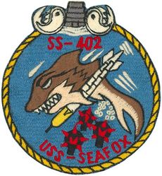SS-402 USS Sea Fox
Namesake. The Sea Fox, a large shark, also called the Thresher shark
Builder: Portsmouth Naval Shipyard, Kittery, ME
Laid down. 2 Nov 1943
Launched. 28 Mar 1944
Commissioned. 13 Jun 1944
Decommissioned. 15 Oct 1952
Recommissioned. 5 Jun 1953
Decommissioned. 14 Dec 1970
Stricken. 14 Dec 1970
Fate. Transferred to Turkey, 14 Dec 1970
Class and type. Balao class diesel-electric submarine
Displacement:	
1,526 long tons (1,550 t) surfaced
2,391 tons (2,429 t) submerged
Length. 	311 ft 6 in (94.95 m)
Beam. 27 ft 3 in (8.31 m)
Draft. 16 ft 10 in (5.13 m) maximum
Propulsion:	
4 × Fairbanks-Morse Model 38D8-⅛ 10-cylinder opposed piston diesel engines driving electrical generators
2 × 126-cell Sargo batteries
4 × high-speed Elliott electric motors with reduction gears
two propellers]
5,400 shp (4.0 MW) surfaced
2,740 shp (2.0 MW) submerged
Speed. 20.25 knots (38 km/h) surfaced; 8.75 knots (16 km/h) submerged
Range. 11,000 nautical miles (20,000 km) surfaced at 10 kn (19 km/h)
Endurance. 48 hours at 2 knots (3.7 km/h) submerged; 75 days on patrol
Test depth. 400 ft (120 m)
Complement. 10 officers, 70–71 enlisted
Armament:	
10 × 21-inch (533 mm) torpedo tubes
6 forward, 4 aft
24 torpedoes
1 × 5-inch (127 mm) / 25 caliber deck gun
Bofors 40 mm and Oerlikon 20 mm cannon


