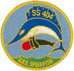 SS-404 USS Spikefish
Namesake. The Spikefish, ray-finned fishes related to the pufferfishes and triggerfishes
Builder: Portsmouth Naval Shipyard, Kittery, ME
Laid down. 29 Jan 1944
Launched. 26 Apr 1944
Commissioned. 30 Jun 1944
Decommissioned. 2 Apr 1963
Stricken	. 1 May 1963
Fate. Sunk as a target off Long Island, 4 Aug 1964 
Class and type. Balao class diesel-electric submarine
Displacement:	
1,526 long tons (1,550 t) surfaced
2,391 tons (2,429 t) submerged
Length. 	311 ft 6 in (94.95 m)
Beam. 27 ft 3 in (8.31 m)
Draft. 16 ft 10 in (5.13 m) maximum
Propulsion:	
4 × Fairbanks-Morse Model 38D8-⅛ 10-cylinder opposed piston diesel engines driving electrical generators
2 × 126-cell Sargo batteries
4 × high-speed Elliott electric motors with reduction gears
two propellers]
5,400 shp (4.0 MW) surfaced
2,740 shp (2.0 MW) submerged
Speed. 20.25 knots (38 km/h) surfaced; 8.75 knots (16 km/h) submerged
Range. 11,000 nautical miles (20,000 km) surfaced at 10 kn (19 km/h)
Endurance. 48 hours at 2 knots (3.7 km/h) submerged; 75 days on patrol
Test depth. 400 ft (120 m)
Complement. 10 officers, 70–71 enlisted
Armament:	
10 × 21-inch (533 mm) torpedo tubes
6 forward, 4 aft
24 torpedoes
1 × 5-inch (127 mm) / 25 caliber deck gun
Bofors 40 mm and Oerlikon 20 mm cannon

