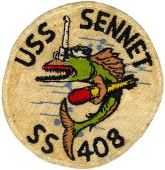 SS-408 USS Sennet
Namesake. The Sennet, Sphyraena borealis, is an ocean-going species of fish in the barracuda family
Builder: Portsmouth Naval Shipyard, Kittery, ME
Laid down. 8 Mar 1944
Launched. 6 Jun 1944
Commissioned. 22 Aug 1944
Decommissioned. 2 Dec 1968
Stricken	. 2 Dec 1968
Fate. Sold for scrap, 15 June 1973
Class and type. Balao class diesel-electric submarine
Displacement:	
1,526 long tons (1,550 t) surfaced
2,391 tons (2,429 t) submerged
Length. 	311 ft 6 in (94.95 m)
Beam. 27 ft 3 in (8.31 m)
Draft. 16 ft 10 in (5.13 m) maximum
Propulsion:	
4 × Fairbanks-Morse Model 38D8-⅛ 10-cylinder opposed piston diesel engines driving electrical generators
2 × 126-cell Sargo batteries
4 × high-speed Elliott electric motors with reduction gears
two propellers]
5,400 shp (4.0 MW) surfaced
2,740 shp (2.0 MW) submerged
Speed. 20.25 knots (38 km/h) surfaced; 8.75 knots (16 km/h) submerged
Range. 11,000 nautical miles (20,000 km) surfaced at 10 kn (19 km/h)
Endurance. 48 hours at 2 knots (3.7 km/h) submerged; 75 days on patrol
Test depth. 400 ft (120 m)
Complement. 10 officers, 70–71 enlisted
Armament:	
10 × 21-inch (533 mm) torpedo tubes
6 forward, 4 aft
24 torpedoes
1 × 5-inch (127 mm) / 25 caliber deck gun
Bofors 40 mm and Oerlikon 20 mm cannon

