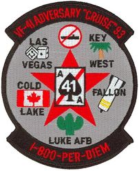 Fighter Squadron 41 (VF-41) Adversary Cruise 1993
Established as Fighter Squadron SEVEN FIVE A (VF-75A) on 1 Jun 1945. Redesignated Fighter Squadron SEVEN FIVE (VF-75) on 1 Aug 1945; Fighter Squadron THREE B (VF-3B) on 15 Nov 1946; Fighter Squadron FOUR ONE (VF-41) on 1 Sep 1948. Disestablished on 8 Jun 1950. Reestablished on 1 Sep 1950. Redesignated Strike Fighter Squadron FOUR ONE (VFA-41) in Dec 2001-.

Grumman F-14-A Tomcat, 1976-2001

