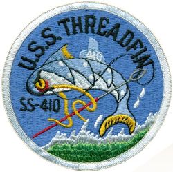 SS-410 USS Threadfin 
Namesake. The Threadfin, a silvery grey perciform fish of the family Polynemidae
Builder: Portsmouth Naval Shipyard, Kittery, ME
Laid down. 18 Mar 1944
Launched. 26 Jun 1944
Commissioned. 30 Aug 1944
Decommissioned. 10 Dec 1952
Recommissioned. 7 Aug 1953
Decommissioned. 18 Aug 1972
Stricken	.  Aug 1973
Fate. Transferred to Turkey, 18 Aug 1972, sold to Turkey 1 Aug 1973 
Class and type. Balao class diesel-electric submarine
Displacement:	
1,526 long tons (1,550 t) surfaced
2,391 tons (2,429 t) submerged
Length. 	311 ft 6 in (94.95 m)
Beam. 27 ft 3 in (8.31 m)
Draft. 16 ft 10 in (5.13 m) maximum
Propulsion:	
4 × Fairbanks-Morse Model 38D8-⅛ 10-cylinder opposed piston diesel engines driving electrical generators
2 × 126-cell Sargo batteries
4 × high-speed Elliott electric motors with reduction gears
two propellers]
5,400 shp (4.0 MW) surfaced
2,740 shp (2.0 MW) submerged
Speed. 20.25 knots (38 km/h) surfaced; 8.75 knots (16 km/h) submerged
Range. 11,000 nautical miles (20,000 km) surfaced at 10 kn (19 km/h)
Endurance. 48 hours at 2 knots (3.7 km/h) submerged; 75 days on patrol
Test depth. 400 ft (120 m)
Complement. 10 officers, 70–71 enlisted
Armament:	
10 × 21-inch (533 mm) torpedo tubes
6 forward, 4 aft
24 torpedoes
1 × 5-inch (127 mm) / 25 caliber deck gun
Bofors 40 mm and Oerlikon 20 mm cannon


