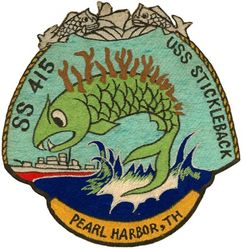 SS-415 USS Stickleback
Namesake. The Stickleback, a small scaleless fish
Builder	Mare Island Naval Shipyard, Vallejo, CA
Laid down. 1 Mar 1944
Launched. 1 Jan 1945
Commissioned. 29 Mar 1945
Decommissioned. 26 Jun 1946
Recommissioned. 6 Sep 1951
Decommissioned. 14 Nov 1952
Recommissioned. 26 Jun 1953
Fate. Sunk in collision with USS Silverstein off Oahu 29 May 1958

General characteristics (World War II)
Class and type. Balao-class diesel-electric submarine
Displacement:	
1,526 tons (1550 t) surfaced
2,424 tons (2460 t) submerged
Length. 311 ft 10 in (95.05 m)
Beam. 27 ft 4 in (8.33 m) 
Draft. 16 ft 10 in (5.13 m) maximum
Propulsion:	
4 × Fairbanks-Morse Model 38D8-⅛ 10-cylinder opposed piston diesel engines driving electrical generators
2 × 126-cell Sargo batteries
4 × high-speed General Electric electric motors with reduction gears
two propellers
5,400 shp (4.0 MW) surfaced
2,740 shp (2.0 MW) submerged
Speed:
20.25 knots (37.50 km/h) surfaced
8.75 knots (16.21 km/h) submerged
Range. 11,000 nautical miles (20,000 km) surfaced at 10 knots (19 km/h)
Endurance. 48 hours at 2 knots (3.7 km/h) submerged; 75 days on patrol
Test depth. 400 ft (120 m)
Complement. 10 officers, 70–71 enlisted
Armament:	
10 × 21-inch (533 mm) torpedo tubes. 6 forward, 4 aft
24 torpedoes
1 × 5-inch (127 mm) / 25 caliber deck gun
Bofors 40 mm and Oerlikon 20 mm cannon

General characteristics (Guppy IIA)
Displacement:	
1,848 tons (1,878 t) surfaced
2,440 tons (2,479 t) submerged
Length. 307 ft (94 m) 
Beam. 27 ft 4 in (8.33 m) 
Draft. 17 ft (5.2 m) 
Propulsion:	
Snorkel added
One diesel engine and generator removed
Batteries upgraded to Sargo II
Speed. 17.0 knots (31.5 km/h) maximum, 13.5 knots (25.0 km/h) cruising (Surfaced); 14.1 knots (26.1 km/h) for ½ hour, 8.0 knots (14.8 km/h) snorkeling, 3.0 knots (5.6 km/h) cruising (Submerged)
Armament:	
10 × 21 inch (533 mm) torpedo tubes
 (six forward, four aft)
all guns removed

