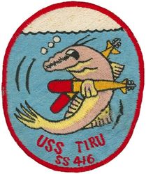SS-416 USS Tiru
Namesake. The Tiru, a member of the lizardfish family
Builder	Mare Island Naval Shipyard, Vallejo, CA
Laid down. 17 Apr 1944
Launched. 16 Sep 1947
Commissioned. 1 Sep 1948
Decommissioned. 1 Jul 1975
Stricken. 1 Jul 1975
Fate. Sunk as a target off Cape Hatteras, North Carolina, 19 Jul 1979
General characteristics (Completed as GUPPY II)
Class and type. Balao-class diesel-electric submarine
Displacement:	
1,870 tons (1,900 t) surfaced
2,440 tons (2,480 t) submerged 
Length. 	307 ft (94 m) 
Beam. 27 ft 4 in (8.33 m) 
Draft. 17 ft (5.2 m) 
Propulsion:	
3 × Fairbanks-Morse Model 38D8-⅛ 10-cylinder opposed piston diesel engines, equipped with a snorkel, driving electrical generators
1 × 184 cell, 1 × 68 cell, and 2 × 126 cell GUPPY-type batteries (total 504 cells)
2 × low-speed direct-drive General Electric electric motors 
two propellers 
Speed. 18.0 knots (20.7 mph; 33.3 km/h) maximum, 13.5 knots (15.5 mph; 25.0 km/h) cruising (Surfaced); 16.0 knots (18.4 mph; 29.6 km/h) for ½ hour, 9.0 knots (10.4 mph; 16.7 km/h) snorkeling, 3.5 knots (4.0 mph; 6.5 km/h) cruising (Submerged)
Range. 15,000 nm (28,000 km) surfaced at 11 knots (13 mph; 20 km/h) 
Endurance. 48 hours at 4 knots (5 mph; 7 km/h) submerged 
Test depth. 400 ft (120 m) 
Complement. 9–10 officers, 5 petty officers, 70 enlisted men 
Sensors and processing systems:
WFA active sonar
JT passive sonar
Mk 106 torpedo fire control system 
Armament:	
10 × 21 inch (533 mm) torpedo tubes (six forward, four aft)

General characteristics (Guppy III)
Displacement:	
1,975 tons (2,007 t) surfaced 
2,450 tons (2,489 t) submerged 
Length. 319 ft 6 in (97.38 m)
Beam. 27 ft 4 in (8.33 m)
Draft. 17 ft (5.2 m)
Speed. 17.2 knots (31.9 km/h) maximum, 12.2 knots (22.6 km/h) cruising (Surfaced); 14.5 knots (26.9 km/h) for ½ hour, 6.2 knots (11.5 km/h) snorkeling, 3.7 knots (6.9 km/h) cruising (Submerged)
Range. 15,900 nautical miles (29,400 km; 18,300 mi) surfaced at 8.5 knots (10 mph; 16 km/h)
Endurance. 36 hours at 3 knots (6 km/h) submerged
Complement. 8–10 officers, 5 petty officers, 70-80 enlisted men
Sensors and processing systems:	
BQS-4 active search sonar
BQR-2B passive search sonar
BQG-4 passive attack sonar

