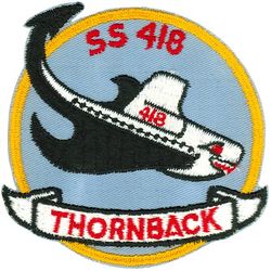 SS-418 USS Thornback
Namesake. The Thornback, a slender member of the shark family
Builder. Portsmouth Naval Shipyard, Kittery, ME
Laid down. 5 Apr 1944
Launched. 7 Jul 1944
Commissioned. 13 Oct 1944
Decommissioned. 6 Apr 1946
Recommissioned. 2 Oct 1953
Decommissioned. 1 Jul 1971
Stricken. 1 Aug 1973
Fate. Transferred to Turkey, 1 Jul 1971, sold to Turkey 1 Aug 1973 
Class and type. Tench-class diesel-electric submarine
Displacement:
1,570 tons (1,595 t) surfaced 
2,416 tons (2,455 t) submerged 
Length. 311 ft 8 in (95.00 m) 
Beam. 27 ft 4 in (8.33 m) 
Draft. 17 ft (5.2 m) maximum 
Propulsion	
4 × Fairbanks-Morse Model 38D8-⅛ 10-cylinder opposed piston diesel engines driving electrical generators
2 × 126-cell Sargo batteries
2 × low-speed direct-drive General Electric electric motors
two propellers 
5,400 shp (4.0 MW) surfaced
2,740 shp (2.0 MW) submerged
Speed. 20.25 knots (38 km/h) surfaced; 8.75 knots (16 km/h) submerged 
Range. 11,000 nautical miles (20,000 km) surfaced at 10 knots (19 km/h)
Endurance. 48 hours at 2 knots (3.7 km/h) submerged; 75 days on patrol
Test depth. 400 ft (120 m) 
Complement. 10 officers, 71 enlisted 
Armament:	
10 × 21-inch (533 mm) torpedo tubes
6 forward, 4 aft)
28 torpedoes
1 × 5-inch (127 mm) / 25 caliber deck gun
Bofors 40 mm and Oerlikon 20 mm cannon

General characteristics (Guppy IIA)
Displacement:	
1,848 tons (1,878 t) surfaced
2,440 tons (2,479 t) submerged
Length. 307 ft (93.6 m)
Beam. 27 ft 4 in (8.3 m)
Draft. 17 ft (5.2 m)
Propulsion:	
Snorkel added
One diesel engine and generator removed
Batteries upgraded to Sargo II
Speed. 17.0 knots (31.5 km/h) maximum, 13.5 knots (25.0 km/h) cruising (Surfaced); 14.1 knots (26.1 km/h) for ½ hour, 8.0 knots (14.8 km/h) snorkeling, 3.0 knots (5.6 km/h) cruising (Submerged)
Armament:	
10 × 21 inch (533 mm) torpedo tubes
 (six forward, four aft)
all guns removed

