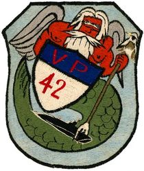 Patrol Squadron 42 (VP-42)
Established as Patrol Squadron TWENTY TWO (VP-22) on 7 Apr 1944. Redesignated Patrol Bombing Squadron TWENTY TWO (VPB-22) on 1 Oct 1944; Patrol Squadron TWENTY TWO (VP-22) on 15 May 1946; Medium Patrol Squadron (Seaplane) TWO (VP-MS-2) on 15 Nov 1946; Patrol Squadron FORTY TWO (VP-42) on 1 Sep 1948, the second squadron to be assigned the VP-42 designation. Disestablished on 26 Sep 1969.

Martin PBM-3D Mariner, 1944-1953
Martin P5M Marlin, 1953-1963
Lockheed SP-2E Neptune, 1963-1964
Lockheed SP-2H Neptune, 1964-1969

Insignia (1st) “Winged Poseidon” approved by CNO on 2 Sep 1947.


