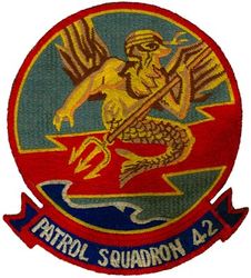Patrol Squadron 42 (VP-42)
Established as Patrol Squadron TWENTY TWO (VP-22) on 7 Apr 1944. Redesignated Patrol Bombing Squadron TWENTY TWO (VPB-22) on 1 Oct 1944; Patrol Squadron TWENTY TWO (VP-22) on 15 May 1946; Medium Patrol Squadron (Seaplane) TWO (VP-MS-2) on 15 Nov 1946; Patrol Squadron FORTY TWO (VP-42) on 1 Sep 1948, the second squadron to be assigned the VP-42 designation. Disestablished on 26 Sep 1969.

Martin PBM-3D Mariner, 1944-1953
Martin P5M Marlin, 1953-1963
Lockheed SP-2E Neptune, 1963-1964
Lockheed SP-2H Neptune, 1964-1969

Insignia (2nd) “Poseidon” approved by CNO on 10 Jul 1953.

