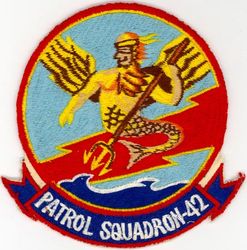 Patrol Squadron 42 (VP-42)
Established as Patrol Squadron TWENTY TWO (VP-22) on 7 Apr 1944. Redesignated Patrol Bombing Squadron TWENTY TWO (VPB-22) on 1 Oct 1944; Patrol Squadron TWENTY TWO (VP-22) on 15 May 1946; Medium Patrol Squadron (Seaplane) TWO (VP-MS-2) on 15 Nov 1946; Patrol Squadron FORTY TWO (VP-42) on 1 Sep 1948, the second squadron to be assigned the VP-42 designation. Disestablished on 26 Sep 1969.

Martin PBM-3D Mariner, 1944-1953
Martin P5M Marlin, 1953-1963
Lockheed SP-2E Neptune, 1963-1964
Lockheed SP-2H Neptune, 1964-1969

Insignia (2nd) “Poseidon” approved by CNO on 10 Jul 1953.

