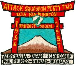 Attack Squadron 42 (VA-42) FAREAST CRUISE 1956-1957
Established as Fighter Squadron FORTY TWO (VF-42) on 1 Sep 1950. Redesignated Attack Squadron FORTY TWO (VA-42) "Green Pawns" on 1 Nov 1953. Disestablished on 30 Sep 1994. The first squadron to be assigned the VA-42 designation.

Douglas AD-4N Skyraider
