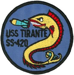 SS-420 USS Tirante
Namesake. The Tirante, a silvery, elongated "cutlass fish" found in waters off Cuba
Builder. Portsmouth Naval Shipyard, Kittery, ME
Laid down. 28 Apr 1944
Launched. 9 Aug 1944
Commissioned. 6 Nov 1944
Decommissioned. 20 Jul 1946
Recommissioned. 26 Nov 1952
Decommissioned. 1 Oct 1973
Stricken	. 1 Oct 1973
Fate. Sold for scrap, 21 Mar 1974
Class and type. Tench-class diesel-electric submarine
Displacement:
1,570 tons (1,595 t) surfaced 
2,414 tons (2,453 t) submerged 
Length. 311 ft 8 in (95.00 m) 
Beam. 27 ft 4 in (8.33 m) 
Draft. 17 ft (5.2 m) maximum 
Propulsion	
4 × Fairbanks-Morse Model 38D8-⅛ 10-cylinder opposed piston diesel engines driving electrical generators
2 × 126-cell Sargo batteries
2 × low-speed direct-drive General Electric electric motors
two propellers 
5,400 shp (4.0 MW) surfaced
2,740 shp (2.0 MW) submerged
Speed. 20.25 knots (38 km/h) surfaced; 8.75 knots (16 km/h) submerged 
Range. 11,000 nautical miles (20,000 km) surfaced at 10 knots (19 km/h)
Endurance. 48 hours at 2 knots (3.7 km/h) submerged; 75 days on patrol
Test depth. 400 ft (120 m) 
Complement. 10 officers, 71 enlisted 
Armament:	
10 × 21-inch (533 mm) torpedo tubes
6 forward, 4 aft)
28 torpedoes
1 × 5-inch (127 mm) / 25 caliber deck gun
Bofors 40 mm and Oerlikon 20 mm cannon

