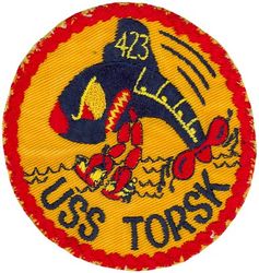 SS-423 USS Torsk
Namesake. The Torsk, common name the Cusk, a cod-like fish in the family Lotidae
Builder	Portsmouth Naval Shipyard, Kittery, ME
Laid down. 7 Jun 1944
Launched. 6 Sep 1944
Commissioned. 16 Dec 1944
Decommissioned. 4 Mar 1968
Stricken	. 15 Dec 1971
Fate. Museum ship at Baltimore, Maryland, 26 Sep 1972
Status. Undergoing restoration
Class and type. Tench-class diesel-electric submarine
Displacement:
1,570 tons (1,595 t) surfaced 
2,414 tons (2,453 t) submerged 
Length. 311 ft 8 in (95.00 m) 
Beam. 27 ft 4 in (8.33 m) 
Draft. 17 ft (5.2 m) maximum 
Propulsion	
4 × Fairbanks-Morse Model 38D8-⅛ 10-cylinder opposed piston diesel engines driving electrical generators
2 × 126-cell Sargo batteries
2 × low-speed direct-drive General Electric electric motors
two propellers 
5,400 shp (4.0 MW) surfaced
2,740 shp (2.0 MW) submerged
Speed. 20.25 knots (38 km/h) surfaced; 8.75 knots (16 km/h) submerged 
Range. 11,000 nautical miles (20,000 km) surfaced at 10 knots (19 km/h)
Endurance. 48 hours at 2 knots (3.7 km/h) submerged; 75 days on patrol
Test depth. 400 ft (120 m) 
Complement. 10 officers, 71 enlisted 
Armament:	
10 × 21-inch (533 mm) torpedo tubes
6 forward, 4 aft)
28 torpedoes
1 × 5-inch (127 mm) / 25 caliber deck gun
Bofors 40 mm and Oerlikon 20 mm cannon

