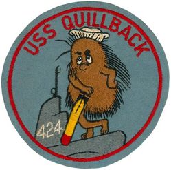 SS-424 USS Quillback
Namesake. The quillback, a fish of the sucker family
Builder	Portsmouth Naval Shipyard, Kittery, ME
Laid down. 27 Jun 1944
Launched. 1 Oct 1944
Commissioned. 9 Dec 1944
Decommissioned. Apr 1952
Recommissioned. 27 Feb 1953
Decommissioned. 23 Mar 1973
Stricken	. 23 Mar 1973
Fate. Sold for scrap, 21 Mar 1974
Class and type. Tench-class diesel-electric submarine
Displacement:
1,570 tons (1,595 t) surfaced 
2,414 tons (2,453 t) submerged 
Length. 311 ft 8 in (95.00 m) 
Beam. 27 ft 4 in (8.33 m) 
Draft. 17 ft (5.2 m) maximum 
Propulsion	
4 × Fairbanks-Morse Model 38D8-⅛ 10-cylinder opposed piston diesel engines driving electrical generators
2 × 126-cell Sargo batteries
2 × low-speed direct-drive General Electric electric motors
two propellers 
5,400 shp (4.0 MW) surfaced
2,740 shp (2.0 MW) submerged
Speed. 20.25 knots (38 km/h) surfaced; 8.75 knots (16 km/h) submerged 
Range. 11,000 nautical miles (20,000 km) surfaced at 10 knots (19 km/h)
Endurance. 48 hours at 2 knots (3.7 km/h) submerged; 75 days on patrol
Test depth. 400 ft (120 m) 
Complement. 10 officers, 71 enlisted 
Armament:	
10 × 21-inch (533 mm) torpedo tubes
6 forward, 4 aft)
28 torpedoes
1 × 5-inch (127 mm) / 25 caliber deck gun
Bofors 40 mm and Oerlikon 20 mm cannon

