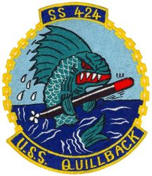 SS-424 USS Quillback
Namesake. The quillback, a fish of the sucker family
Builder	Portsmouth Naval Shipyard, Kittery, ME
Laid down. 27 Jun 1944
Launched. 1 Oct 1944
Commissioned. 9 Dec 1944
Decommissioned. Apr 1952
Recommissioned. 27 Feb 1953
Decommissioned. 23 Mar 1973
Stricken	. 23 Mar 1973
Fate. Sold for scrap, 21 Mar 1974
Class and type. Tench-class diesel-electric submarine
Displacement:
1,570 tons (1,595 t) surfaced 
2,414 tons (2,453 t) submerged 
Length. 311 ft 8 in (95.00 m) 
Beam. 27 ft 4 in (8.33 m) 
Draft. 17 ft (5.2 m) maximum 
Propulsion	
4 × Fairbanks-Morse Model 38D8-⅛ 10-cylinder opposed piston diesel engines driving electrical generators
2 × 126-cell Sargo batteries
2 × low-speed direct-drive General Electric electric motors
two propellers 
5,400 shp (4.0 MW) surfaced
2,740 shp (2.0 MW) submerged
Speed. 20.25 knots (38 km/h) surfaced; 8.75 knots (16 km/h) submerged 
Range. 11,000 nautical miles (20,000 km) surfaced at 10 knots (19 km/h)
Endurance. 48 hours at 2 knots (3.7 km/h) submerged; 75 days on patrol
Test depth. 400 ft (120 m) 
Complement. 10 officers, 71 enlisted 
Armament:	
10 × 21-inch (533 mm) torpedo tubes
6 forward, 4 aft)
28 torpedoes
1 × 5-inch (127 mm) / 25 caliber deck gun
Bofors 40 mm and Oerlikon 20 mm cannon

