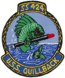 SS-424 USS Quillback
Namesake. The quillback, a fish of the sucker family
Builder	Portsmouth Naval Shipyard, Kittery, ME
Laid down. 27 Jun 1944
Launched. 1 Oct 1944
Commissioned. 9 Dec 1944
Decommissioned. Apr 1952
Recommissioned. 27 Feb 1953
Decommissioned. 23 Mar 1973
Stricken	. 23 Mar 1973
Fate. Sold for scrap, 21 Mar 1974
Class and type. Tench-class diesel-electric submarine
Displacement:
1,570 tons (1,595 t) surfaced 
2,414 tons (2,453 t) submerged 
Length. 311 ft 8 in (95.00 m) 
Beam. 27 ft 4 in (8.33 m) 
Draft. 17 ft (5.2 m) maximum 
Propulsion	
4 × Fairbanks-Morse Model 38D8-⅛ 10-cylinder opposed piston diesel engines driving electrical generators
2 × 126-cell Sargo batteries
2 × low-speed direct-drive General Electric electric motors
two propellers 
5,400 shp (4.0 MW) surfaced
2,740 shp (2.0 MW) submerged
Speed. 20.25 knots (38 km/h) surfaced; 8.75 knots (16 km/h) submerged 
Range. 11,000 nautical miles (20,000 km) surfaced at 10 knots (19 km/h)
Endurance. 48 hours at 2 knots (3.7 km/h) submerged; 75 days on patrol
Test depth. 400 ft (120 m) 
Complement. 10 officers, 71 enlisted 
Armament:	
10 × 21-inch (533 mm) torpedo tubes
6 forward, 4 aft)
28 torpedoes
1 × 5-inch (127 mm) / 25 caliber deck gun
Bofors 40 mm and Oerlikon 20 mm cannon

