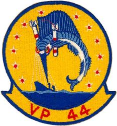 Patrol Squadron 44 (VP-44)
Established as Patrol Squadron FORTY FOUR (VP-44) on 29 January 1951, the fourth squadron to be assigned the VP-44 designation. Disestablished on 28 June 1991.

Martin PBM-5 Mariner, 1951-1952
Martin P5M-1 Marlin, 1952-1955
Martin P5M-2 Marlin, 1955-1960
Lockheed P2V-3 Neptune, 1960-1962
Lockheed P3V-1/P-3A Orion, 1962-1978
Lockheed P-3C UII Orion, 1978-1991

Insignia (1st) “Marlins” approved by CNO on 24 Sep 1952.

