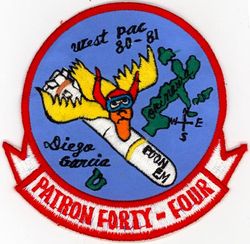 Patrol Squadron 44 (VP-44) Western Pacific 1980-1981
Established as Patrol Squadron FORTY FOUR (VP-44) on 29 January 1951, the fourth squadron to be assigned the VP-44 designation. Disestablished on 28 June 1991.

Lockheed P-3C UII Orion


