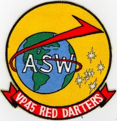 Patrol Squadron 45 (VP-45)
Established as Patrol Squadron TWO HUNDRED FIVE (VP-205) on 1 Nov 1942. Redesignated Patrol Bombing Squadron TWO HUNDRED FIVE (VPB-205) on 1 Oct 1944; Patrol Squadron TWO HUNDRED FIVE (VP-205) on 15 May 1946; Medium Patrol Squadron (Seaplane) FIVE (VP-MS-5) on 15 Nov 1946; Patrol Squadron FORTY-FIVE (VP-45) on 1 Sep 1948, the third squadron to be assigned the VP-45 designation.

Martin PBM-5 Mariner, 1942-1943
Martin PBM-3S Mariner, 1943-1944
Martin PBM-5 Mariner, 1944-1954
Martin P5M-1 Marlin, 1954-1956
Martin P5M-2 Marlin, 1956-1962
Lockheed SP-5B Marlin, 1962-1963
Lockheed P-3A Orion, 1963-1972
Lockheed P-3C Orion, 1972-1988
Lockheed P-3C UIII Orion, 1988-1993
Lockheed P-3C UIIIR Orion, 1993-2014
Boeing P-8 Poseidon, 2014-.

The unofficial “Red Darters” insignia was worn from 1968-1980.  

