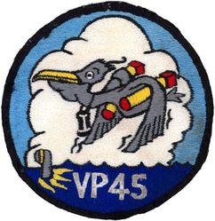 Patrol Squadron 45 (VP-45)
Established as Patrol Squadron TWO HUNDRED FIVE (VP-205) on 1 Nov 1942. Redesignated Patrol Bombing Squadron TWO HUNDRED FIVE (VPB-205) on 1 Oct 1944; Patrol Squadron TWO HUNDRED FIVE (VP-205) on 15 May 1946; Medium Patrol Squadron (Seaplane) FIVE (VP-MS-5) on 15 Nov 1946; Patrol Squadron FORTY-FIVE (VP-45) on 1 Sep 1948, the third squadron to be assigned the VP-45 designation.

Martin PBM-5 Mariner, 1942-1943
Martin PBM-3S Mariner, 1943-1944
Martin PBM-5 Mariner, 1944-1954
Martin P5M-1 Marlin, 1954-1956
Martin P5M-2 Marlin, 1956-1962
Lockheed SP-5B Marlin, 1962-1963
Lockheed P-3A Orion, 1963-1972
Lockheed P-3C Orion, 1972-1988
Lockheed P-3C UIII Orion, 1988-1993
Lockheed P-3C UIIIR Orion, 1993-2014
Boeing P-8 Poseidon, 2014-.

Insignia (2nd) “Pelicans” submitted to CNO for approval on 4 Feb 1949, but for some undetermined reason was not approved until 1 Dec 1955.


