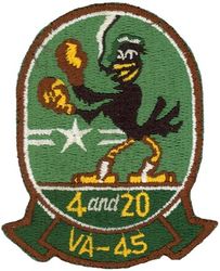 Attack Squadron 45 (VA-45)
Established as Attack Squadron FORTY FIVE (VA-45) "Black Birds" on 1 Sep 1950. Disestablished on 1 Mar 1958. The second squadron to be assigned the VA-45 designation.

Insignia approved by CNO on 10 Apr 1951.

Douglas AD-2/4/6 Skyraider


