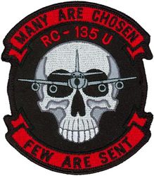 55th Wing RC-135U Morale
This patch is attributed to the wing because it is common to three of its squadrons:  38th, 45th, and 343d Reconnaissance Squadrons.  The design of the RC-135 aircraft superimposed over a skull was first used on the A-Flight patch of the 343 RS.  -GWO
