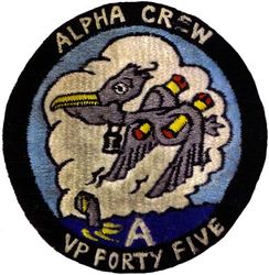 Patrol Squadron 45 (VP-45) Alpha Crew
Established as Patrol Squadron TWO HUNDRED FIVE (VP-205) on 1 Nov 1942. Redesignated Patrol Bombing Squadron TWO HUNDRED FIVE (VPB-205) on 1 Oct 1944; Patrol Squadron TWO HUNDRED FIVE (VP-205) on 15 May 1946; Medium Patrol Squadron (Seaplane) FIVE (VP-MS-5) on 15 Nov 1946; Patrol Squadron FORTY-FIVE (VP-45) on 1 Sep 1948, the third squadron to be assigned the VP-45 designation.

Martin PBM-5 Mariner, 1942-1943
Martin PBM-3S Mariner, 1943-1944
Martin PBM-5 Mariner, 1944-1954
Martin P5M-1 Marlin, 1954-1956
Martin P5M-2 Marlin, 1956-1962
Lockheed SP-5B Marlin, 1962-1963
Lockheed P-3A Orion, 1963-1972
Lockheed P-3C Orion, 1972-1988
Lockheed P-3C UIII Orion, 1988-1993
Lockheed P-3C UIIIR Orion, 1993-2014
Boeing P-8 Poseidon, 2014-.

Insignia (2nd) “Pelicans” submitted to CNO for approval on 4 Feb 1949, but for some undetermined reason was not approved until 1 Dec 1955.

