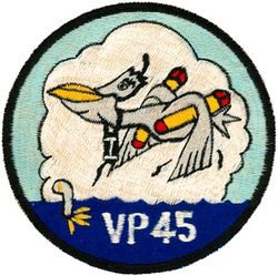 Patrol Squadron 45 (VP-45)
Established as Patrol Squadron TWO HUNDRED FIVE (VP-205) on 1 Nov 1942. Redesignated Patrol Bombing Squadron TWO HUNDRED FIVE (VPB-205) on 1 Oct 1944; Patrol Squadron TWO HUNDRED FIVE (VP-205) on 15 May 1946; Medium Patrol Squadron (Seaplane) FIVE (VP-MS-5) on 15 Nov 1946; Patrol Squadron FORTY-FIVE (VP-45) on 1 Sep 1948, the third squadron to be assigned the VP-45 designation.

Martin PBM-5 Mariner, 1942-1943
Martin PBM-3S Mariner, 1943-1944
Martin PBM-5 Mariner, 1944-1954
Martin P5M-1 Marlin, 1954-1956
Martin P5M-2 Marlin, 1956-1962
Lockheed SP-5B Marlin, 1962-1963
Lockheed P-3A Orion, 1963-1972
Lockheed P-3C Orion, 1972-1988
Lockheed P-3C UIII Orion, 1988-1993
Lockheed P-3C UIIIR Orion, 1993-2014
Boeing P-8 Poseidon, 2014-.

Insignia (2nd) “Pelicans” submitted to CNO for approval on 4 Feb 1949, but for some undetermined reason was not approved until 1 Dec 1955.

