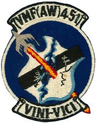Marine All Weather Fighter Squadron 451 (VMF-451)
Established as Marine Fighting Squadron 451 (VMF-451) “Warlord” on 15 Feb 1944. Deactivated on 10 Sep 1945. Reactivated in the reserves on 1 Jul 1946. Redesignated Marine Fighter Squadron (All Weather) 451 (VMF(AW)-451) on 1 Jul 1961; Marine Fighter Attack Squadron 451 on 1 Feb 1968. Deactivated on 31 Jan 1997. 

Vought F4U-1D Corsair, 1946-1951
Grumman F9F-2 Panther, 1951-1954
North American FJ-2/4 Fury, 1954-1959
Vought F8U-2/2N (F-8D) Crusader, 1959-1968
McDonnell Douglas F-4J/S Phantom II, 1968-1987
McDonnell Douglas F/A-18A/C Hornet, 1987-1997

Insignia (4th design) dates from 1961-1968. VINI VICI = I came, I conquered


