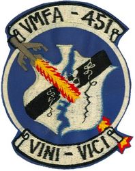 Marine Fighter Attack Squadron 451 (VMF-451)
Established as Marine Fighting Squadron 451 (VMF-451) “Warlord” on 15 Feb 1944. Deactivated on 10 Sep 1945. Reactivated in the reserves on 1 Jul 1946. Redesignated Marine Fighter Squadron (All Weather) 451 (VMF(AW)-451) on 1 Jul 1961; Marine Fighter Attack Squadron 451 on 1 Feb 1968. Deactivated on 31 Jan 1997. 

Vought F4U-1D Corsair, 1946-1951
Grumman F9F-2 Panther, 1951-1954
North American FJ-2/4 Fury, 1954-1959
Vought F8U-2/2N (F-8D) Crusader, 1959-1968
McDonnell Douglas F-4J/S Phantom II, 1968-1987
McDonnell Douglas F/A-18A/C Hornet, 1987-1997

Insignia (5th design) dates from 1968. VINI VICI = I came, I conquered

