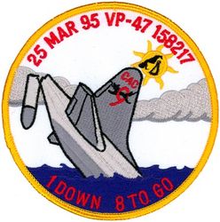Patrol Squadron 47 (VP-47)
VP-47 "Golden Swordsmen"
1995
Established as VP-27 on 1 Jun 1944; VPB-27 on 1 Oct 1944; VP-27 on 15 May 1946; VP-MS-7 on 15 Nov 1946; VP-47 on 1 Sep 1948-.
Lockheed P-3C UIII Orion
