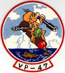 Patrol Squadron 47 (VP-47)
Established as Patrol Squadron TWENTY SEVEN (VP-27) on 1 Jun 1944. Redesignated Patrol Bombing Squadron TWENTY SEVEN (VPB-27) on 1 Oct 1944; Patrol Squadron TWENTY SEVEN (VP-27) on 15 May 1946; Medium Patrol Squadron (Seaplane) SEVEN (VP-MS-7) on 15 Nov 1946; Patrol Squadron FORTY SEVEN (VP-47) on 1 Sep 1948-.

Martin PBM-3D Mariner, 1944-1945
Martin PBM-5 Mariner, 1945-1954
Martin P5M-2 Marlin, 1954-1962
Lockheed SP-5B Marlin, 1962-1965
Lockheed P-3A Orion, 1965-1967
Lockheed P-3B Orion, 1967-1970
Lockheed P-3C Orion, 1970-1985
Lockheed P-3C UII Orion, 1985-1986
Lockheed P-3C UIII Orion, 1986-2017
Boeing P-8A Poseidon, 2017-

Insignia (1st) approved by CNO on 8 Oct 1948.
