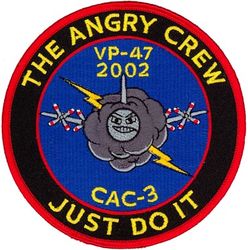 Patrol Squadron 47 (VP-47) Combat Air Crew 3
VP-47 "Golden Swordsmen"
2002
Established as VP-27 on 1 Jun 1944; VPB-27 on 1 Oct 1944; VP-27 on 15 May 1946; VP-MS-7 on 15 Nov 1946; VP-47 on 1 Sep 1948-.
Lockheed P-3C UIII Orion
