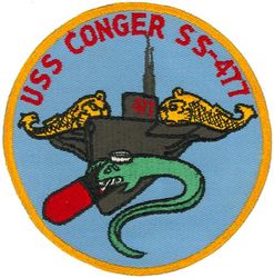 SS-477 USS Conger
Namesake. The conger, an eel found in warm seas, common to both coasts of the Atlantic Ocean
Builder. Portsmouth Naval Shipyard, Kittery, ME
Laid down. 10 Jul 1944
Launched. 17 Oct 1944
Commissioned. 6 Feb 1945
Decommissioned. 29 Jun 1970
Stricken. 15 Dec 1971
Fate. Sold for scrap, 19 Jun 1973
Class and type. Tench-class diesel-electric submarine
Displacement:	
1,570 tons (1,595 t) surfaced 
2,414 tons (2,453 t) submerged 
Length. 311 ft 8 in (95.00 m) 
Beam. 27 ft 4 in (8.33 m) 
Draft. 17 ft (5.2 m) maximum 
Propulsion:	
4 × Fairbanks-Morse Model 38D8-⅛ 10-cylinder opposed piston diesel engines driving electrical generators
2 × 126-cell Sargo batteries
2 × low-speed direct-drive Elliott electric motors
two propellers 
5,400 shp (4.0 MW) surfaced
2,740 shp (2.0 MW) submerged
Speed. 20.25 knots (38 km/h) surfaced; 8.75 knots (16 km/h) submerged 
Range. 11,000 nautical miles (20,000 km) surfaced at 10 knots (19 km/h) 
Endurance. 48 hours at 2 knots (3.7 km/h) submerged; 75 days on patrol
Test depth. 400 ft (120 m) 
Complement. 10 officers, 71 enlisted 
Armament:	
10 × 21-inch (533 mm) torpedo tubes, 6 forward, 4 aft)
28 torpedoes
1 × 5-inch (127 mm) / 25 caliber deck gun
Bofors 40 mm and Oerlikon 20 mm cannon


