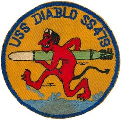 SS-479 USS Diablo
Namesake. The diablo, member of the batfish family
Builder. Portsmouth Naval Shipyard, Kittery, ME
Laid down. 11 Aug 1944
Launched. 1 Dec 1944
Commissioned. 31 Mar 1945
Redesignated. (AGSS-479) 1 Jul 1962
Decommissioned. 1 Jun 1964
Stricken. 1 Jun 1964
Fate. Transferred to Republic of Pakistan, 1 Jun 1964
Class and type. Tench-class diesel-electric submarine
Displacement:	
1,570 tons (1,595 t) surfaced 
2,414 tons (2,453 t) submerged 
Length. 311 ft 8 in (95.00 m) 
Beam. 27 ft 4 in (8.33 m) 
Draft. 17 ft (5.2 m) maximum 
Propulsion:	
4 × Fairbanks-Morse Model 38D8-⅛ 10-cylinder opposed piston diesel engines driving electrical generators
2 × 126-cell Sargo batteries
2 × low-speed direct-drive Elliott electric motors
two propellers 
5,400 shp (4.0 MW) surfaced
2,740 shp (2.0 MW) submerged
Speed. 20.25 knots (38 km/h) surfaced; 8.75 knots (16 km/h) submerged 
Range. 11,000 nautical miles (20,000 km) surfaced at 10 knots (19 km/h) 
Endurance. 48 hours at 2 knots (3.7 km/h) submerged; 75 days on patrol
Test depth. 400 ft (120 m) 
Complement. 10 officers, 71 enlisted 
Armament:	
10 × 21-inch (533 mm) torpedo tubes, 6 forward, 4 aft)
28 torpedoes
1 × 5-inch (127 mm) / 25 caliber deck gun
Bofors 40 mm and Oerlikon 20 mm cannon

