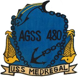 AGSS-480 USS Medregal 
Namesake. The medregal, a streamlined, fast-swimming, bluish-colored fish of the jack family
Builder. Portsmouth Naval Shipyard, Kittery, ME
Laid down. 21 Aug 1944
Launched. 15 Dec 1944
Commissioned. 14 Apr 1945
Decommissioned. 1 Aug 1970
Stricken. 1 Aug 1970
Fate. Sold for scrap, 13 Jun 1972
Class and type. Tench-class diesel-electric submarine
Displacement:	
1,570 tons (1,595 t) surfaced 
2,414 tons (2,453 t) submerged 
Length. 311 ft 8 in (95.00 m) 
Beam. 27 ft 4 in (8.33 m) 
Draft. 17 ft (5.2 m) maximum 
Propulsion:	
4 × Fairbanks-Morse Model 38D8-⅛ 10-cylinder opposed piston diesel engines driving electrical generators
2 × 126-cell Sargo batteries
2 × low-speed direct-drive Elliott electric motors
two propellers 
5,400 shp (4.0 MW) surfaced
2,740 shp (2.0 MW) submerged
Speed. 20.25 knots (38 km/h) surfaced; 8.75 knots (16 km/h) submerged 
Range. 11,000 nautical miles (20,000 km) surfaced at 10 knots (19 km/h) 
Endurance. 48 hours at 2 knots (3.7 km/h) submerged; 75 days on patrol
Test depth. 400 ft (120 m) 
Complement. 10 officers, 71 enlisted 
Armament:	
10 × 21-inch (533 mm) torpedo tubes, 6 forward, 4 aft)
28 torpedoes
1 × 5-inch (127 mm) / 25 caliber deck gun
Bofors 40 mm and Oerlikon 20 mm cannon

